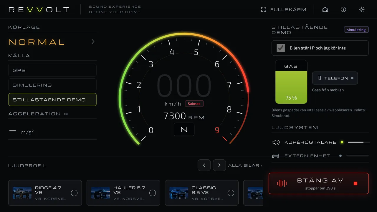 Revvolts instrumentvy med varvräknare, hastighet och val av motor